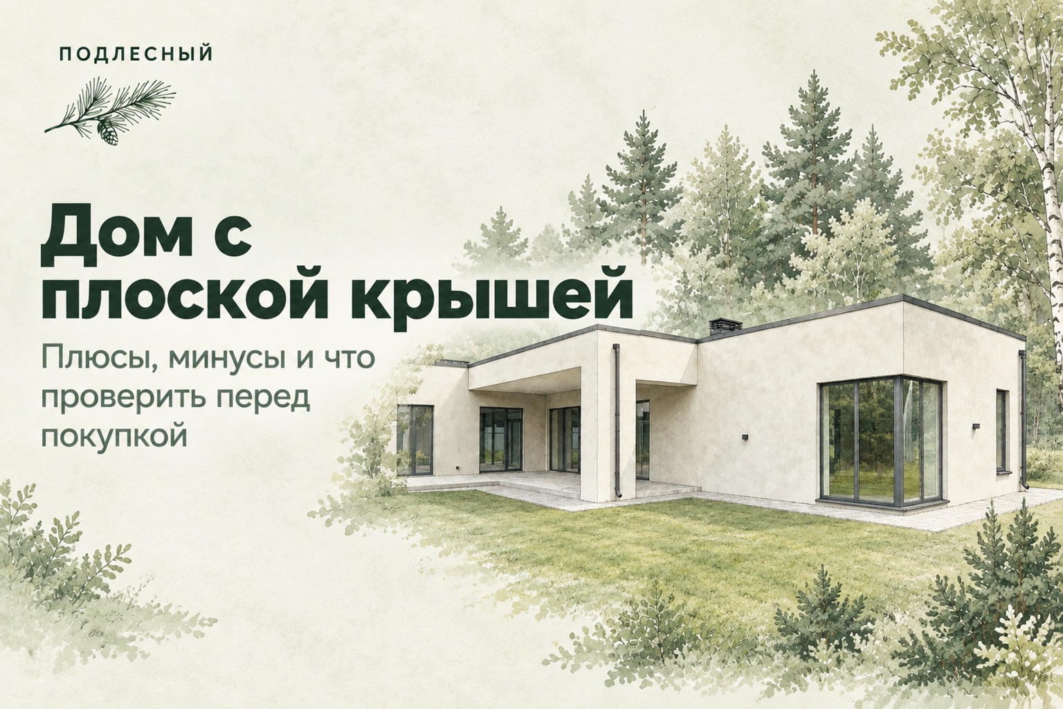 Акварельная иллюстрация дома на Дубовой, 1 с заголовком статьи о плоской крыше