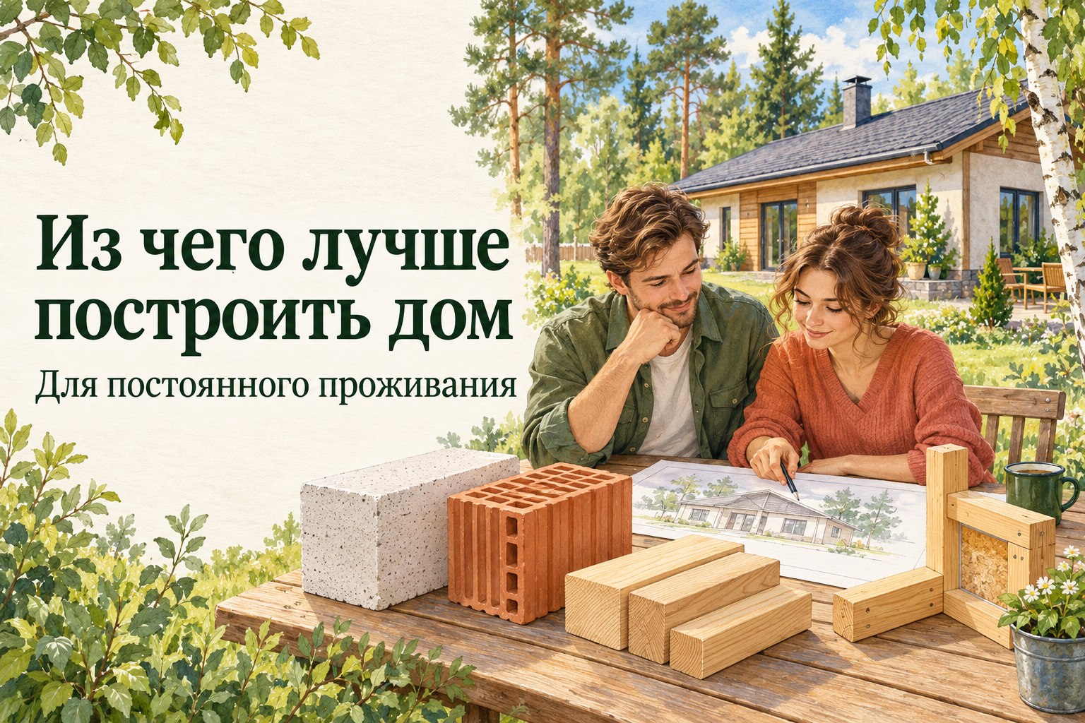 Пара выбирает материалы для дома: на столе газобетонный и керамический блоки, деревянные детали.