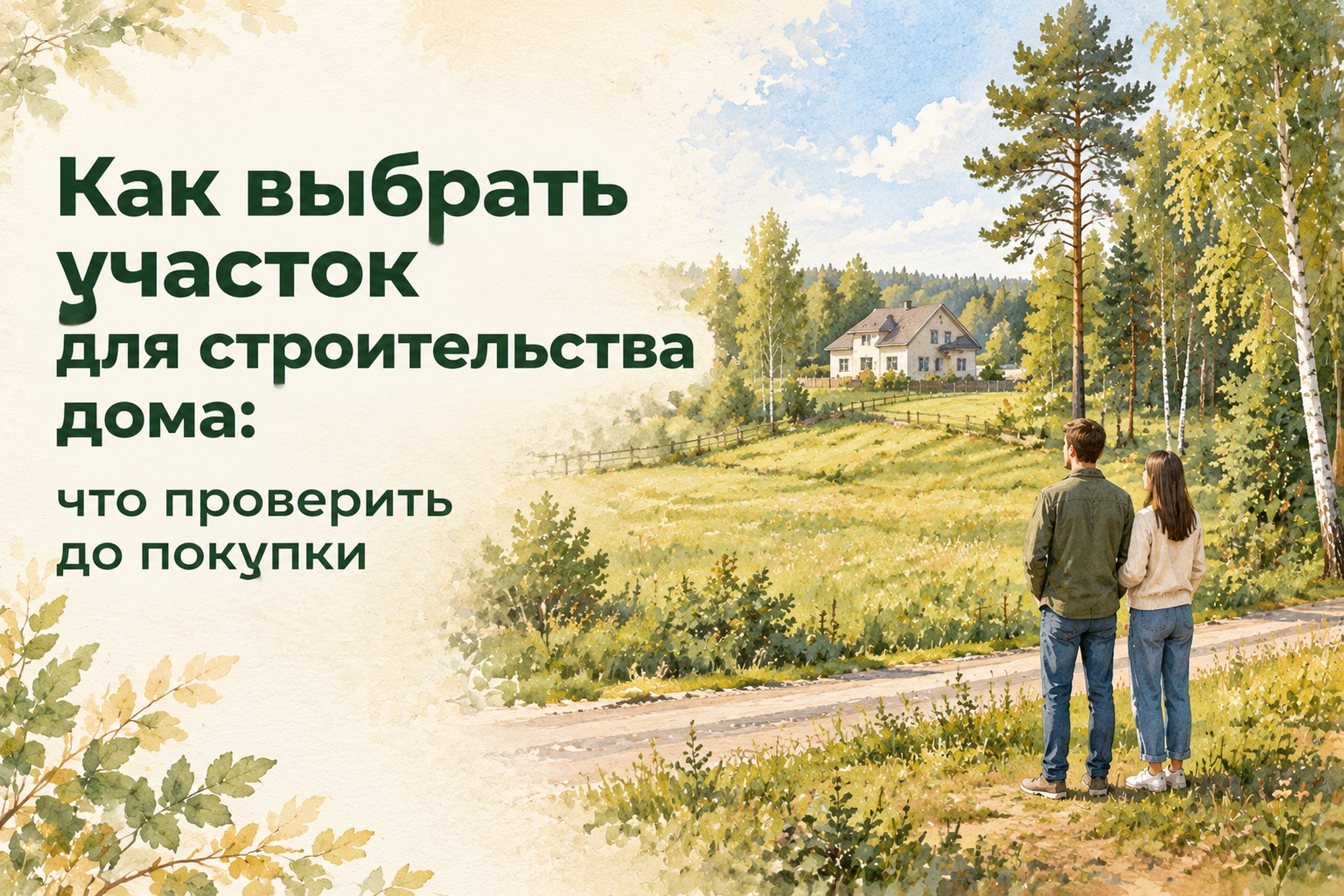 Как выбрать участок для строительства дома: что проверить до покупки — иллюстрация пары на участке у леса