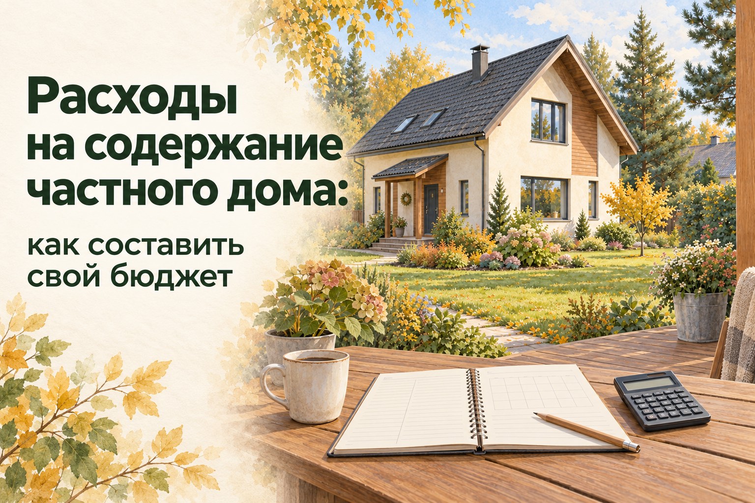 Обложка «Расходы на содержание частного дома: как составить свой бюджет»: условный дом в осеннем саду, блокнот и калькулятор