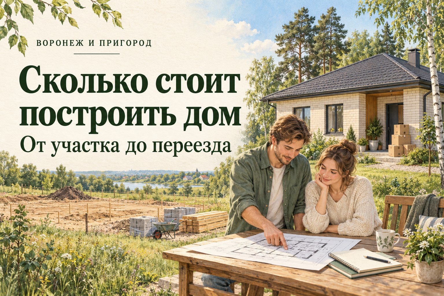 Пара изучает план дома: участок, стройматериалы и коробки для переезда